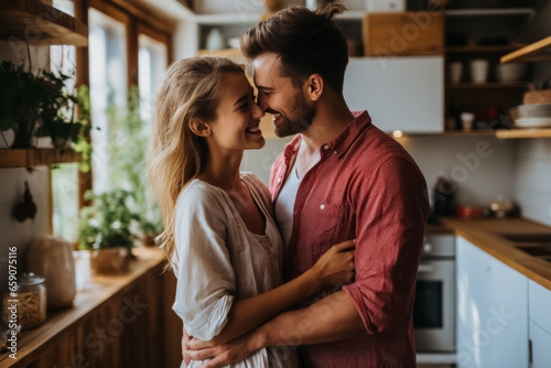 Young couple embraces passionately in kitchen after moving into new flat 