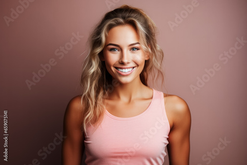 Young sporty woman happy at home after workout smiling cheerfully 