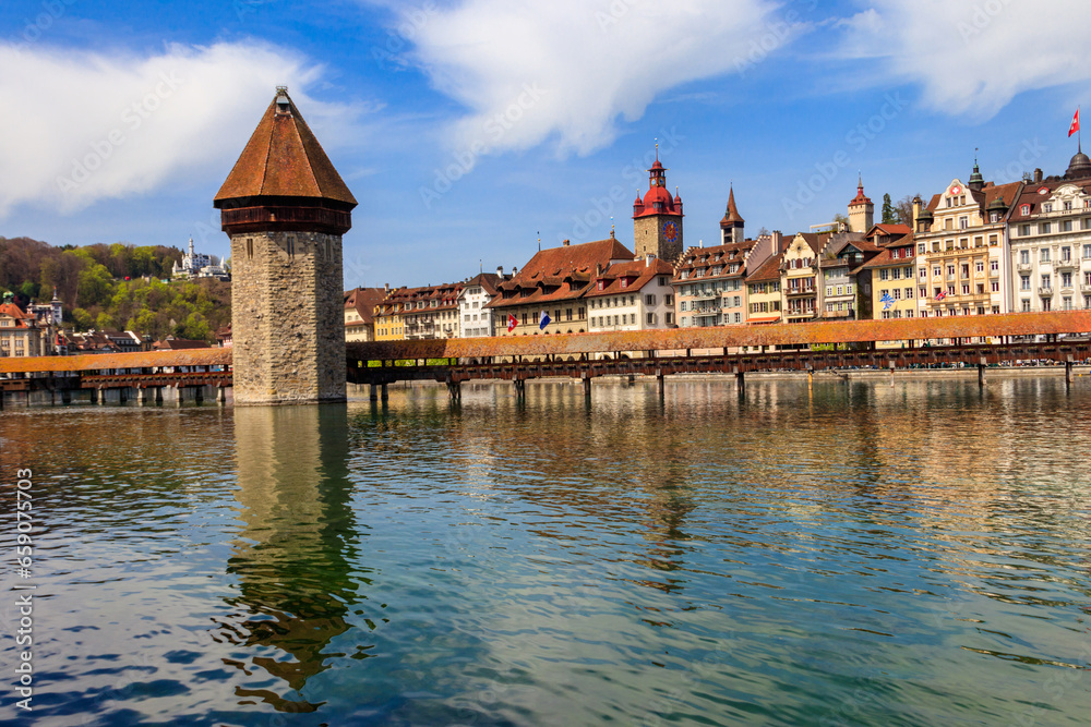 Chapel bridge spanning the river Reuss in the city of Lucerne, Switzerland