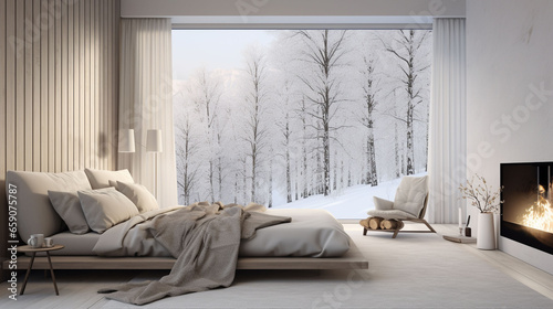 雪山を眺める、暖炉のある白い寝室 © Ukiuki-tsuguri