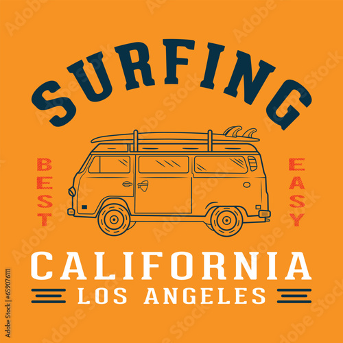 Surfing California van, car vector illustration for tshirt design