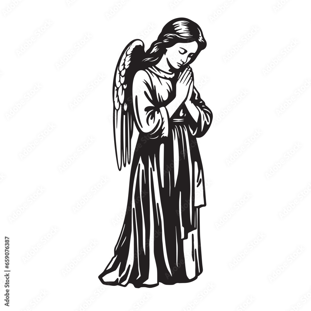 Black and white silhouette of a praying angel. vector illustration on white background Black and white silhouette of a praying angel. vector illustration on white background