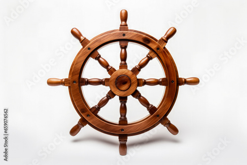 Small boat's wooden steering wheel rudder isolated and condensed 