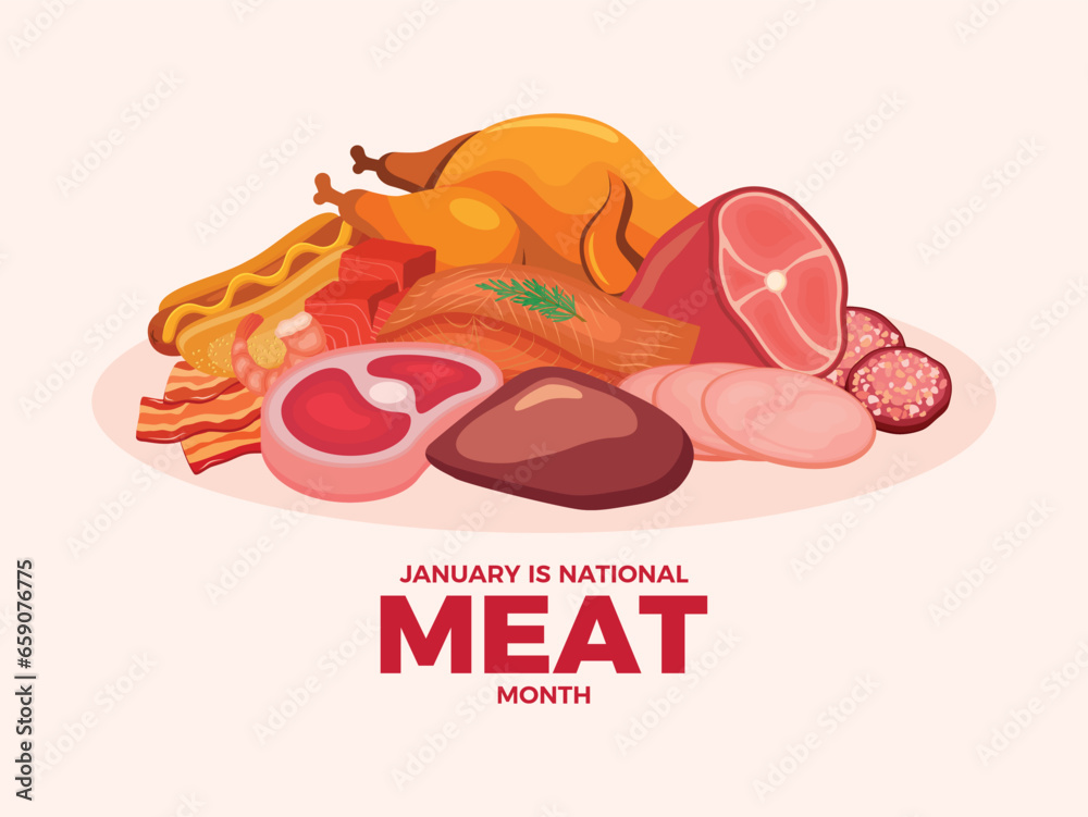 January is National Meat Month poster vector illustration. Pile of meat icon set vector. Beef, pork, poultry, fish, seafood vector. Many types of meat drawing. January every year