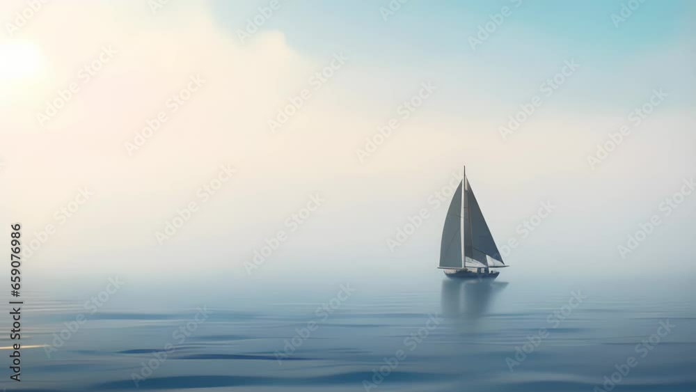 Sailboat sailing on calm water during a beautiful misty day, Generative AI