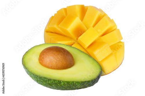Avocado and mango on isolated white background.