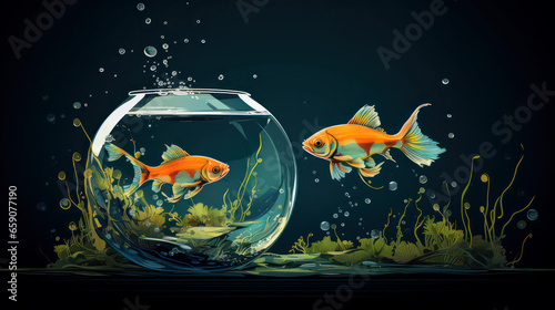 Cartoon illustration with one fish inside bowl fish tank and second is out in water