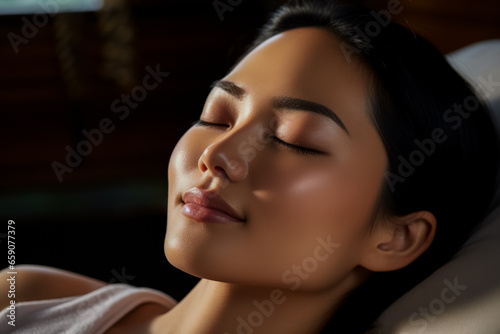 Asian woman applies skin tonic to cheek with closed eyes 