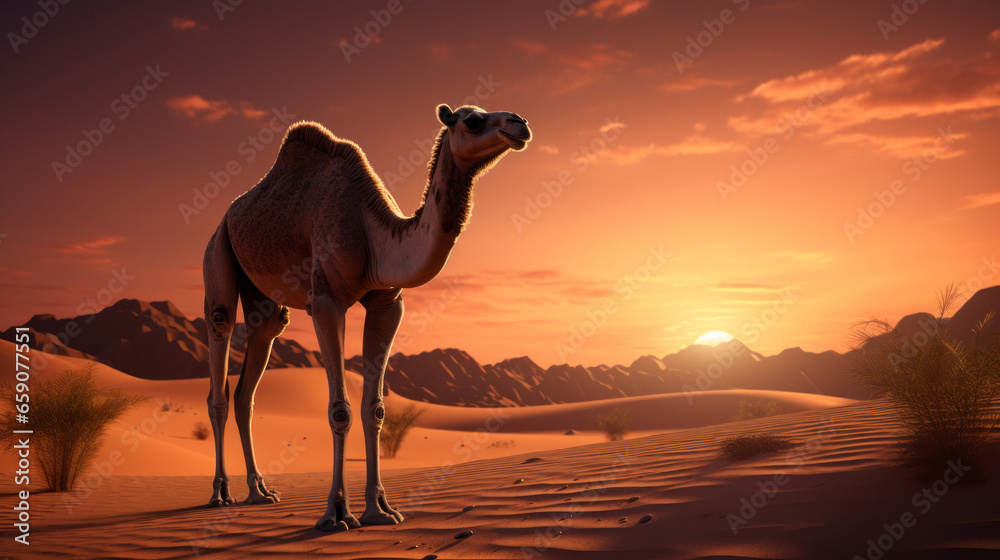 desert and sand ship brown camel in the Sahara safari wild animals - obrazy, fototapety, plakaty 