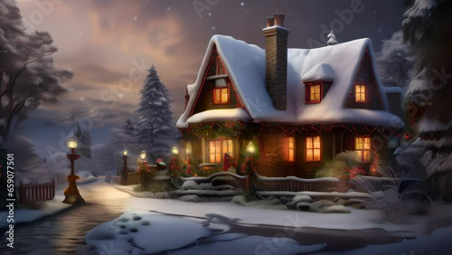Snowy House or Cottage in the Woods during, Holidays or Christmas, on a Clear Winter Night, generative AI