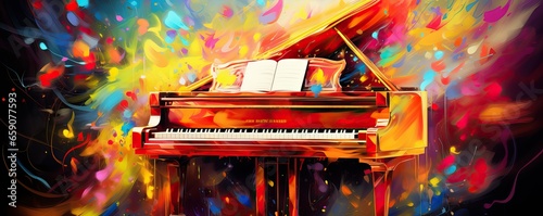 Grand piano on abstract colorful background with splashes and spotlights, digital painting. 