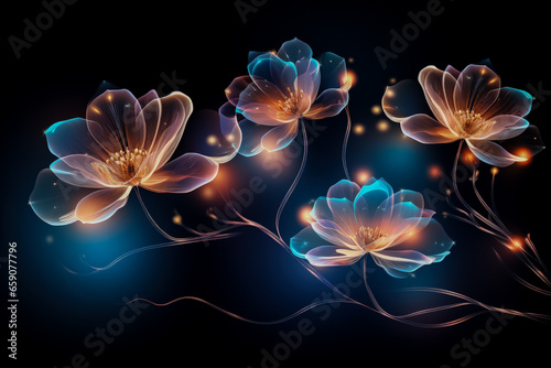 Fantastic glowing flowers on black background forming abstract floral wallpaper creating a magical blooming garden 
