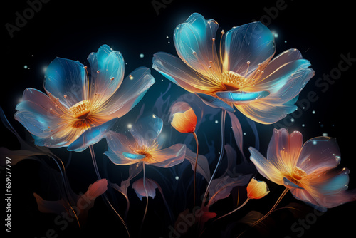 Fantastic glowing flowers on black background forming abstract floral wallpaper creating a magical blooming garden 