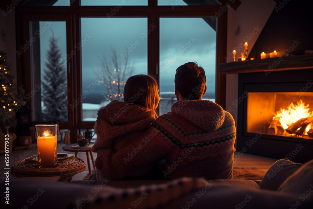 a young couple is warming up by the fireplace in an embrace. generative ai. romantic setting. evening for two. a young couple is warming up by the fireplace in an embrace. generative ai. romantic setting. evening for two.