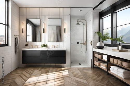 Image of an opulent bathroom retreat showcasing flooring that epitomizes luxury, and walls that create a serene retreat, and vanities and bath tubs that offer a refreshing look.