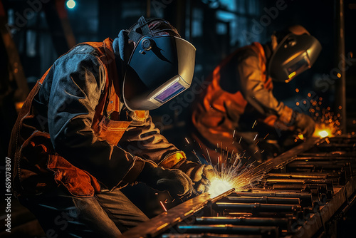 Welding team using safety gear producing metal joints in heavy industry 