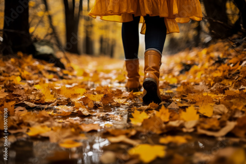 Tourist woman's legs in autumn foliage walking through fallen leaves 