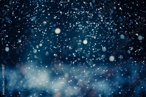Winter snowfall overlays dark background with defocused white circles texture 