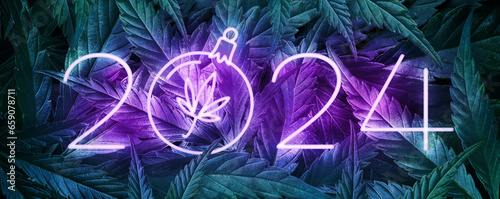 Banner with neon 2024 on a green background with cannabis leaves. New Year's Holiday panoramic backdrop with marijuana and New Year.