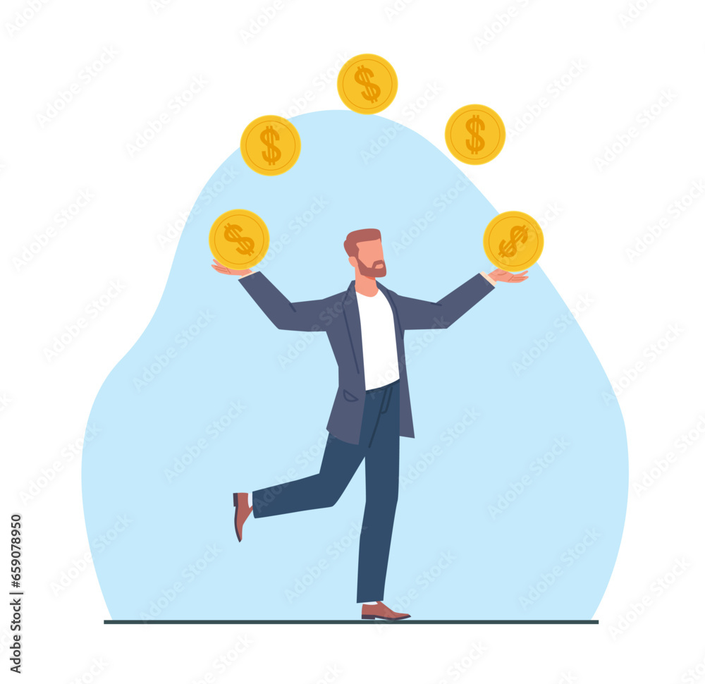 Businessman juggles gold coins. Rich successful person, profit from investments or deposits, financial growth, entrepreneur or manager. Cartoon flat style isolated illustration. Vector concept Businessman juggles gold coins. Rich successful person, profit from investments or deposits, financial growth, entrepreneur or manager. Cartoon flat style isolated illustration. Vector concept