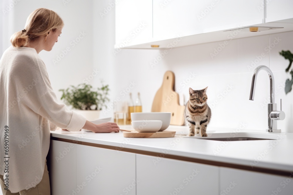 a portrait of a house cat controlling the process of food preparation by a woman in a white luxurious kitchen a portrait of a house cat controlling the process of food preparation by a woman in a white luxurious kitchen