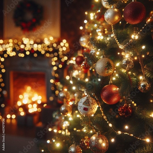 Christmas tree with lights and a garland with decoration balls, in the backgr...