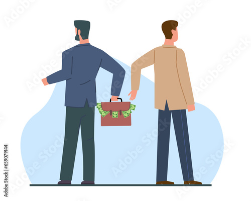 Concept of corruption, man hands another man suitcase full of money. Financial crime, giving bribe in cash, bribery in business. Bribery in business. Vector cartoon flat isolated illustration