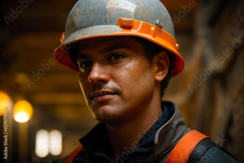 Digital portrait of a miner underground in a mine next to mining workers © mikhailberkut