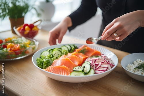 the process of food preparation by a woman in a white luxurious kitchen: a salad bowl with salmon and vegetables