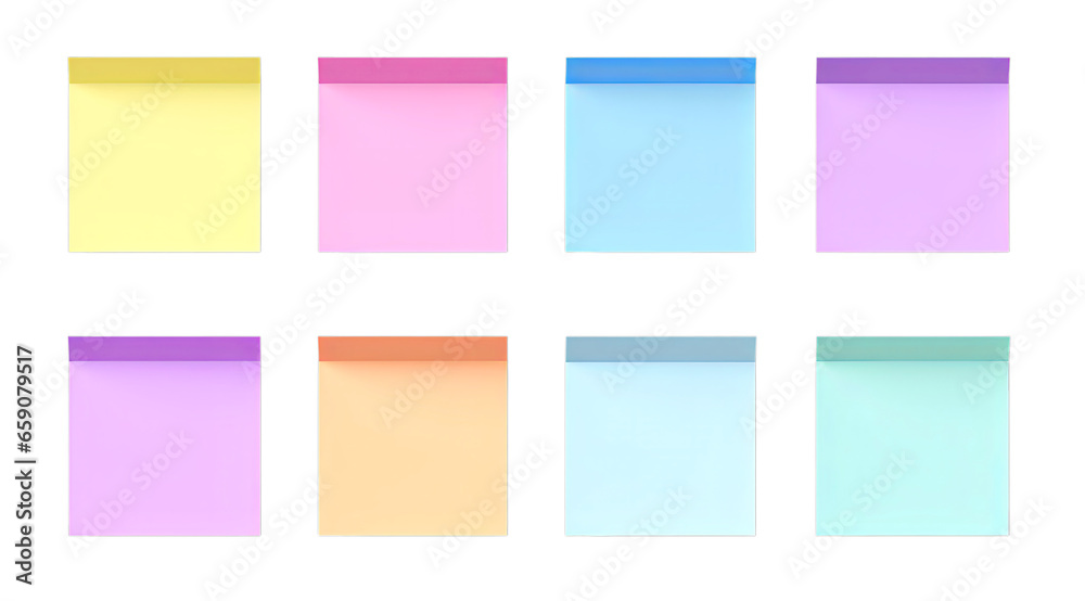 Set / Collection of colorful empty paper sheets isolated on transparent background PNG, mock up for design.