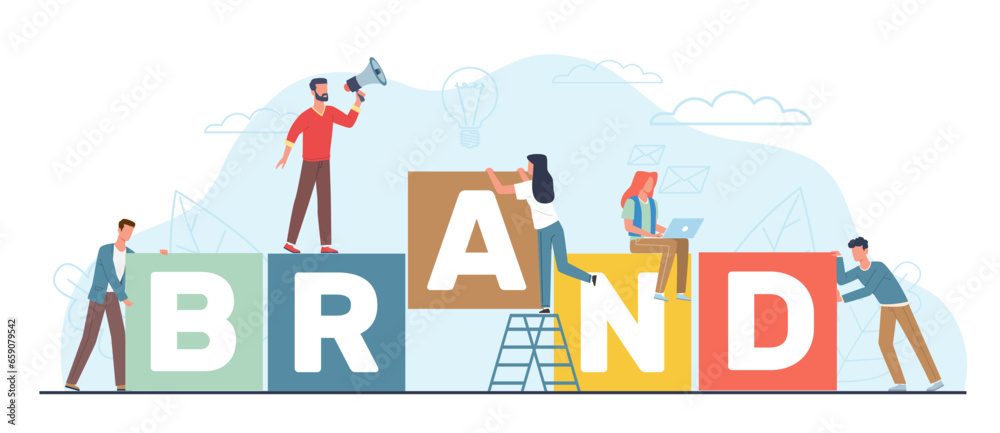 Creating brand, people stacking big cubes with brand name on them. Men and women employee working on branding design. Marketing Promotion cartoon flat style illustration. Vector concept - obrazy, fototapety, plakaty 