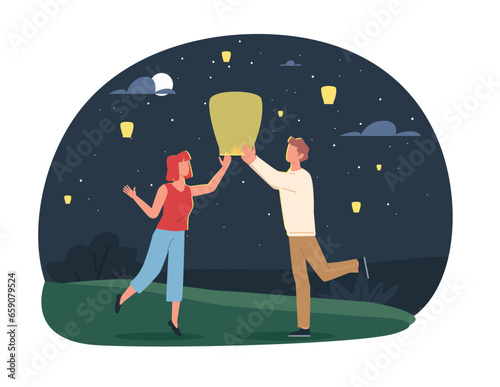 Couple in love launch lantern into night sky, traditional indian or china festival. Celebration holidays. Boy and girl together, greeting card. Cartoon flat isolated illustration. Vector concept
