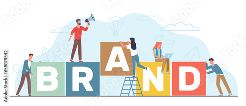 Creating brand, people stacking big cubes with brand name on them. Men and women employee working on branding design. Marketing Promotion cartoon flat style illustration. Vector concept