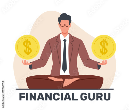 Financial guru or expert, concept of money and investment advisor. Man in business suit meditating sitting in lotus position, huge golden dollar coins in hands. Cartoon flat vector illustration