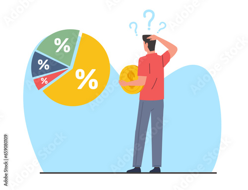 Man cant figure out where to invest money and at what interest rate. Thinking person make decision about investment strategy. Statistic dashboard. Cartoon flat illustration. Vector concept