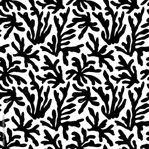 Coral seamless pattern in Matisse style. Algae leaves silhouettes. Organic floral elements.