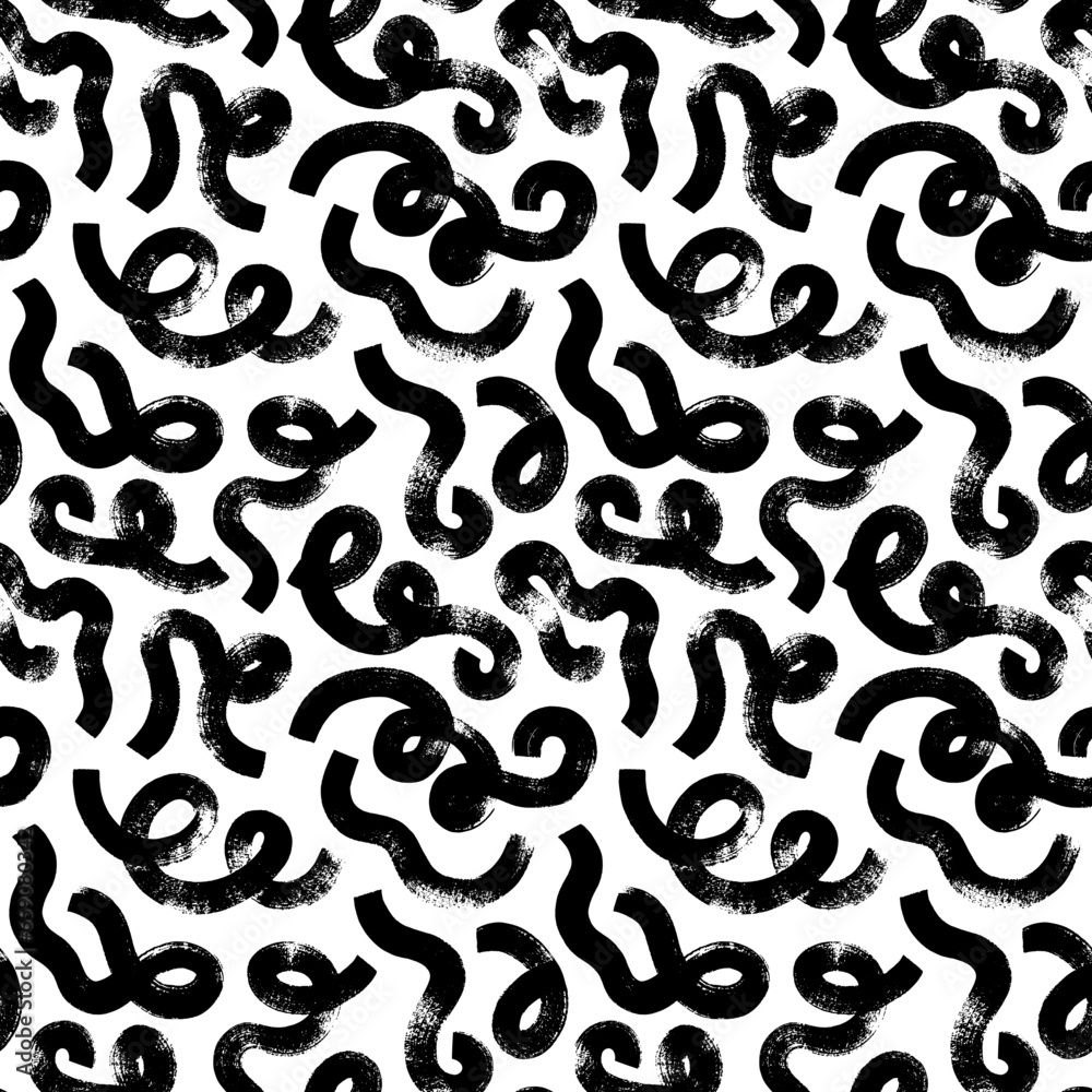 Fun black line doodle seamless pattern. Squiggles and curved bold lines.