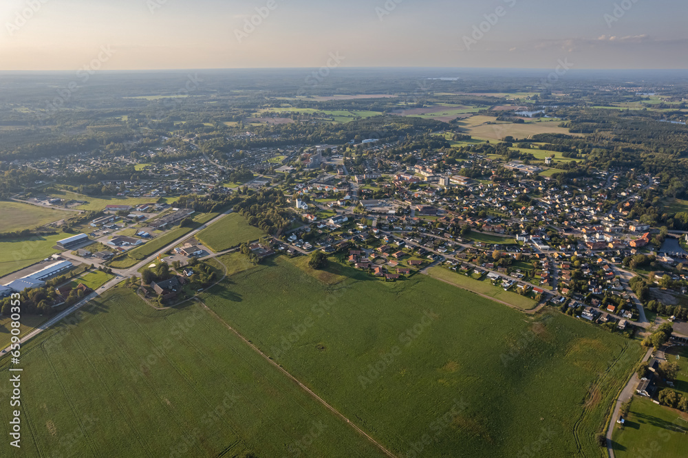 Aerial view of a little European village during the sunset
