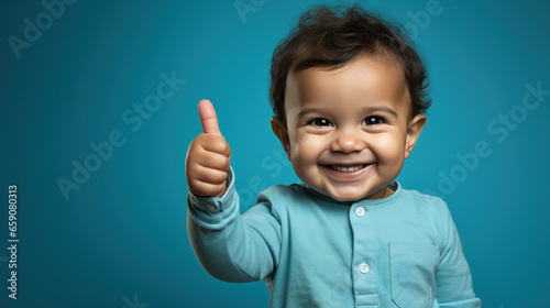Little Optimist: Toddler's Thumbs Up Against the Blue Sky. Generative AI