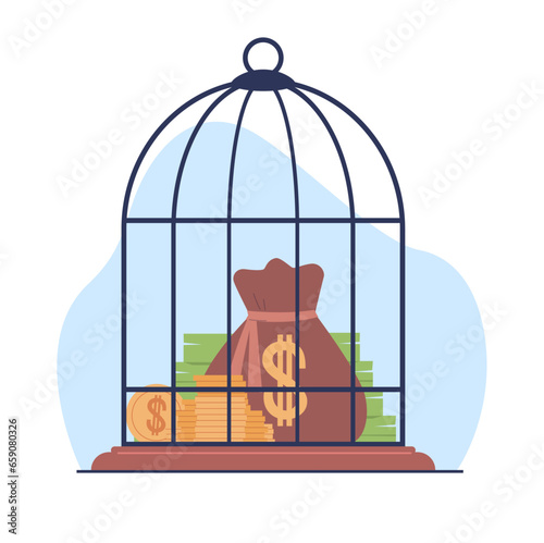Money saving, bird cage filled with gold coins and banknotes. investment and insurance. Put income and cash on deposit. Locked cash. Cartoon flat isolated illustration. Vector limitation concept