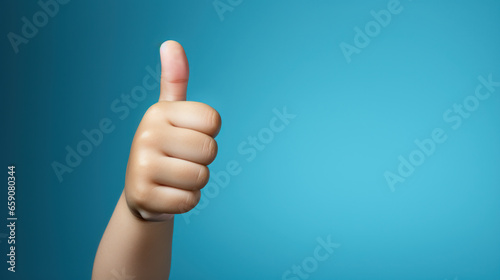 Little Optimist: Toddler's Thumbs Up Against the Blue Sky. Generative AI