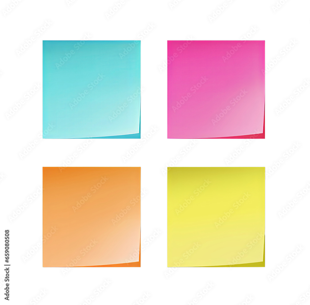 Set of four colorful empty paper sheets isolated on transparent background PNG, mock up for design.

