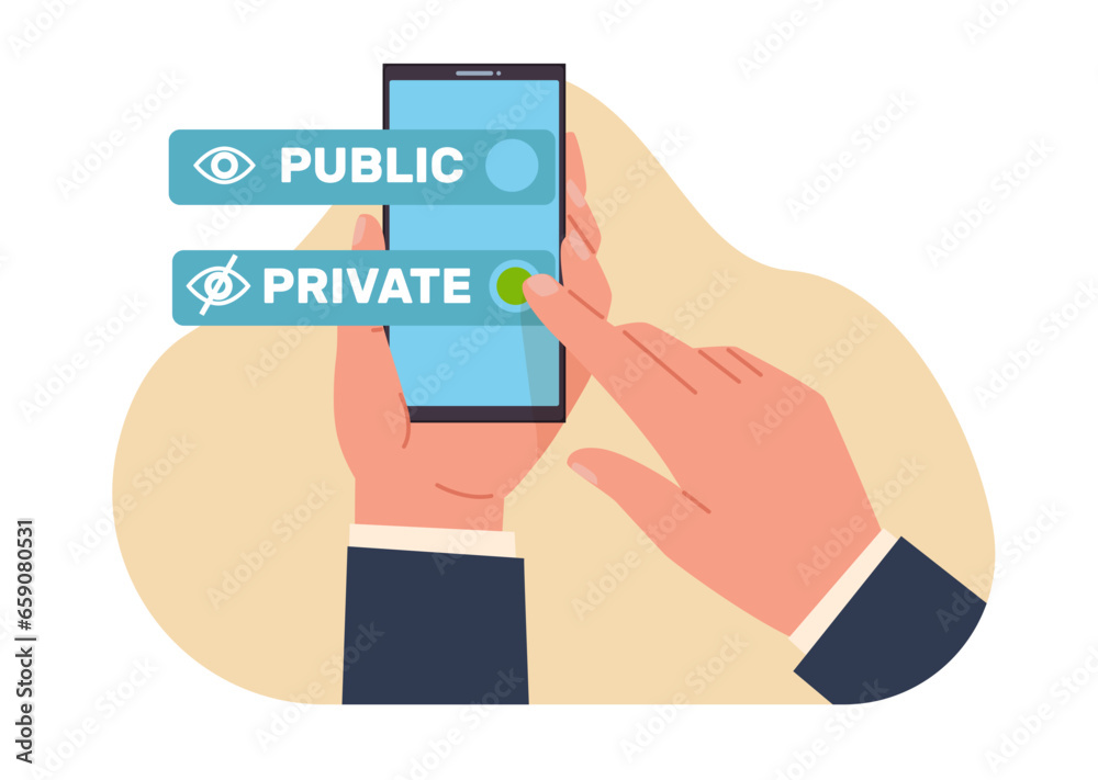 Public or private choice, individual checks private button. Hand hold smartphone. Making decision. Data management. Check mark on button. Cartoon flat isolated illustration. Vector concept Public or private choice, individual checks private button. Hand hold smartphone. Making decision. Data management. Check mark on button. Cartoon flat isolated illustration. Vector concept