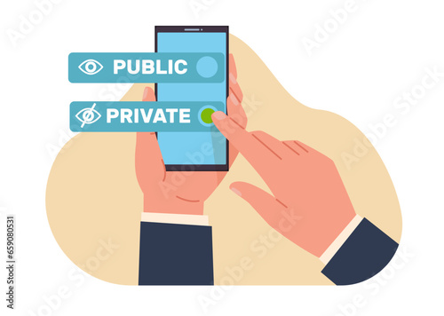 Public or private choice, individual checks private button. Hand hold smartphone. Making decision. Data management. Check mark on button. Cartoon flat isolated illustration. Vector concept