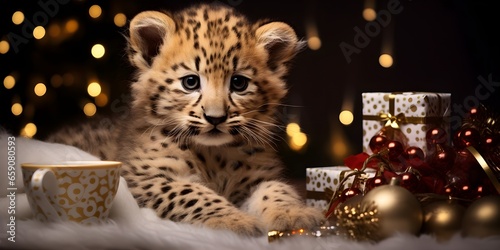 "Spotted Splendor: A Baby Leopard's Christmas Oasis" | Background Design | Holiday Season | Generative AI Artwork
