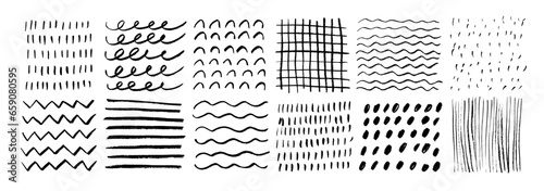 Doodle texture collection. Charcoal or pencil drawing. Hand drawn grid texture, swirls.