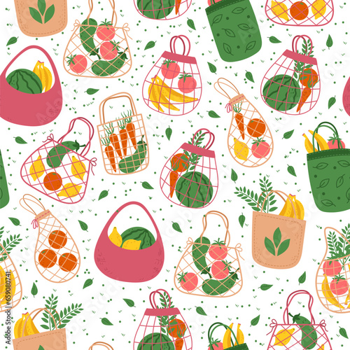 Seamless grocery bag pattern. Fruit and vegetables, organic products shopping. Decor textile, wrapping paper, wallpaper design. Print for fabric. Cartoon flat isolated vector concept