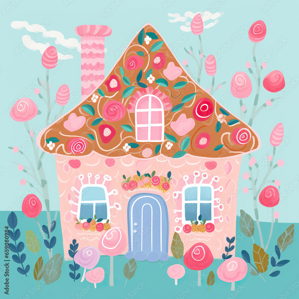Enchanting Cottage Nestled in a Rose Garden,Cute dreamy colorful cabin illustration