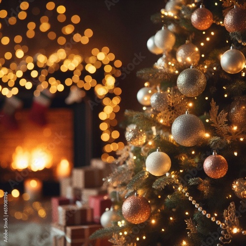 Christmas tree with lights and a garland with decoration balls, in the backgr...