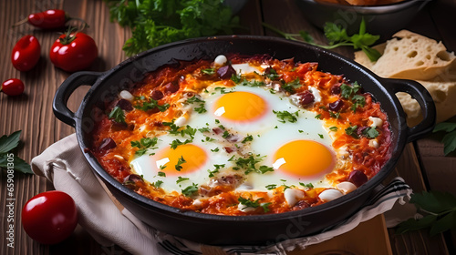 Homemade breakfast shakshuka - fried eggs, onion, bell pepper, tomatoes and parsley in a pan on a rustic wooden table with ingredients.
